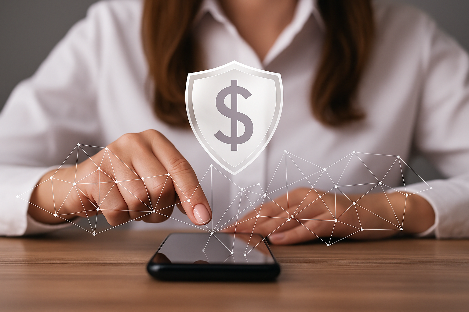 A woman in a white shirt uses a smartphone on a wooden table, with a digital shield and dollar sign hovering above the screen, symbolizing secure mobile transactions and the role of insurance in financial protection through technology.