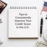 A clean, top-down view of a minimalist workspace featuring a notebook with the text 'Tips to Consistently Improve Your Credit Score in the U.S.', surrounded by everyday financial items such as a calculator, wallet, house keys, pen, glasses, coffee cup, and U.S. dollar bills. The composition highlights practical tips for managing personal finances and improving credit score in a structured and organized setting.