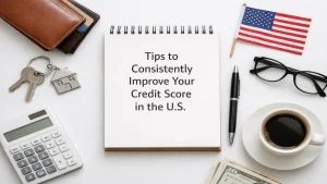 A clean, top-down view of a minimalist workspace featuring a notebook with the text 'Tips to Consistently Improve Your Credit Score in the U.S.', surrounded by everyday financial items such as a calculator, wallet, house keys, pen, glasses, coffee cup, and U.S. dollar bills. The composition highlights practical tips for managing personal finances and improving credit score in a structured and organized setting.
