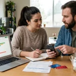 Couple sitting at a table reviewing personal finances, with a laptop displaying colorful budget charts, a notebook for planning, credit cards, and a glass jar labeled “vacation fund,” representing modern finances management and savings goals in a home environment.
