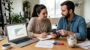 Couple sitting at a table reviewing personal finances, with a laptop displaying colorful budget charts, a notebook for planning, credit cards, and a glass jar labeled “vacation fund,” representing modern finances management and savings goals in a home environment.