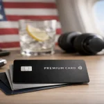 A sleek arrangement of premium credit card designs stacked on a wooden table inside an airplane cabin, with a blurred American flag in the background, alongside travel essentials like headphones, a drink with lemon, and a car key. The scene conveys luxury travel and exclusivity, highlighting the lifestyle benefits associated with a premium credit card in the U.S., emphasizing comfort, mobility, and high-end financial privileges.