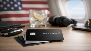 A sleek arrangement of premium credit card designs stacked on a wooden table inside an airplane cabin, with a blurred American flag in the background, alongside travel essentials like headphones, a drink with lemon, and a car key. The scene conveys luxury travel and exclusivity, highlighting the lifestyle benefits associated with a premium credit card in the U.S., emphasizing comfort, mobility, and high-end financial privileges.