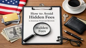 A well-organized desk scene featuring a clipboard with the title 'How to Avoid Hidden Fees in American Financial Services,' highlighted by a magnifying glass focusing on the words 'Hidden Fees.' Surrounding the clipboard are everyday financial items such as U.S. dollar bills, multiple credit cards, a wallet, keys, a pen, glasses, and a cup of coffee, with an American flag in the background. The composition conveys practical tips for identifying and avoiding hidden costs in financial services, emphasizing awareness, control, and smarter money management.