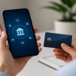Person holding a smartphone with a digital banking interface and a blue card in a minimalist setting, with a blurred United States flag in the background, representing open banking, financial integration, and secure data sharing in the U.S.